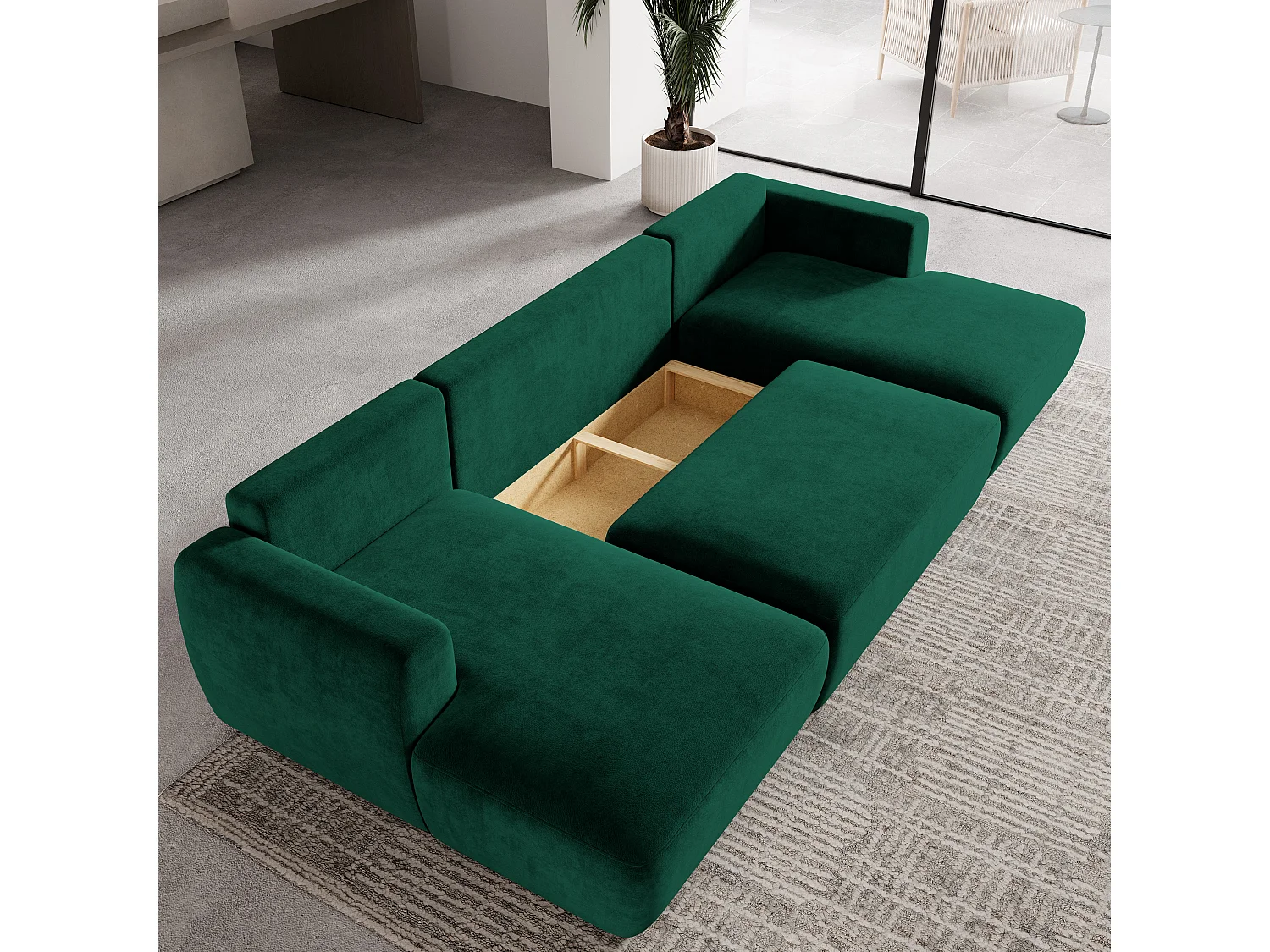 Canapé d'angle SENTUM Vert Sapin en peluche avec fonction de couchage
