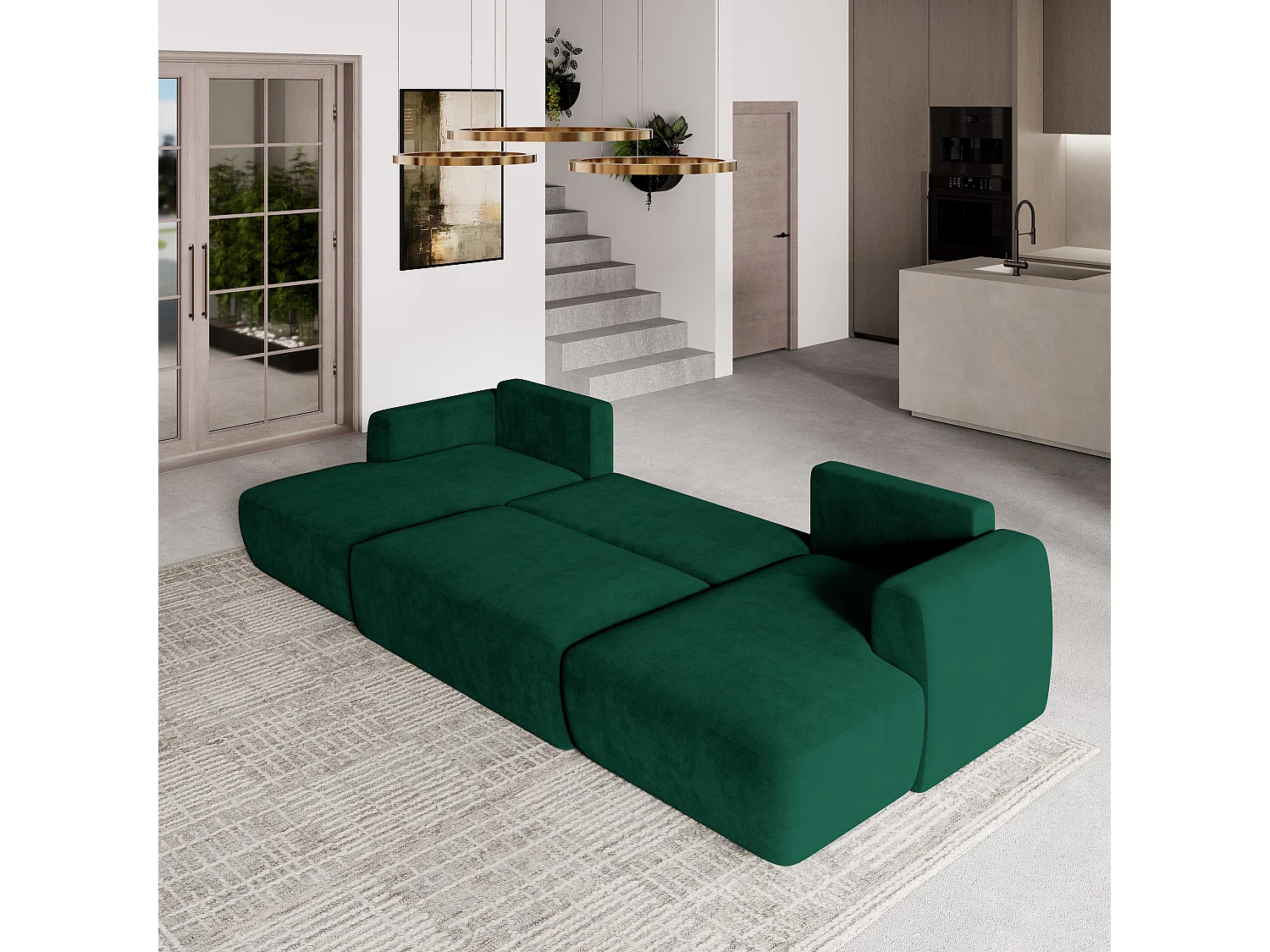 Canapé d'angle SENTUM Vert Sapin en peluche avec fonction de couchage