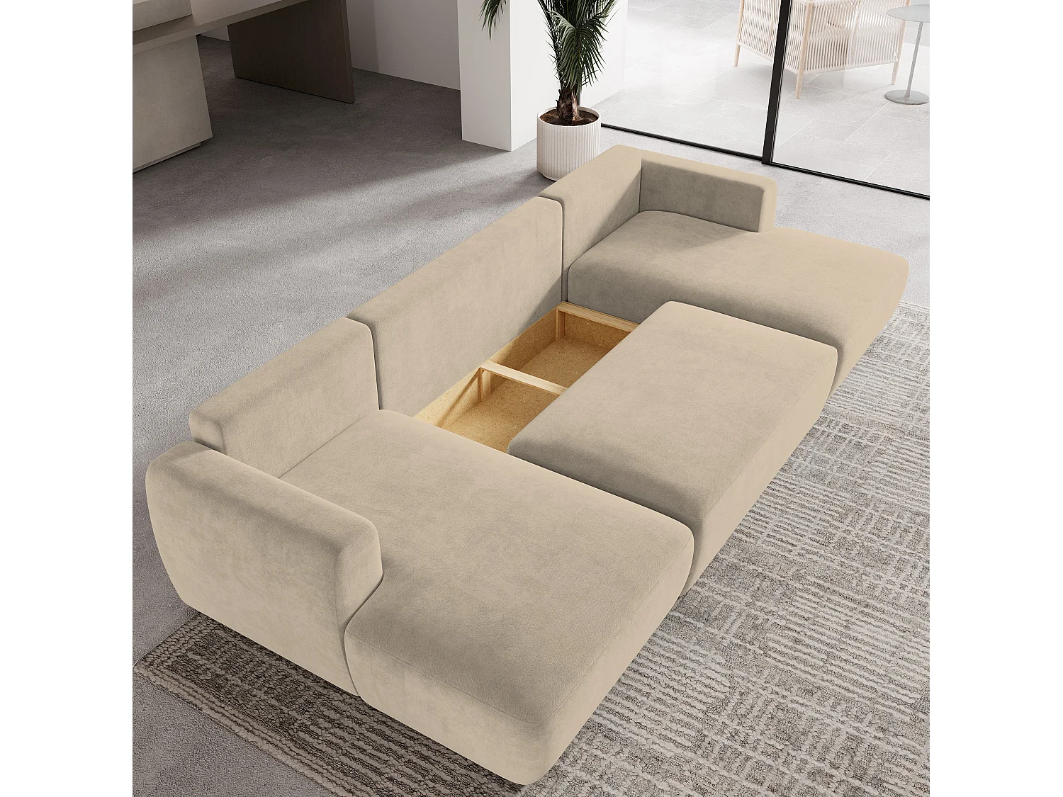 Canapé d'angle SENTUM Beige en peluche avec fonction de couchage