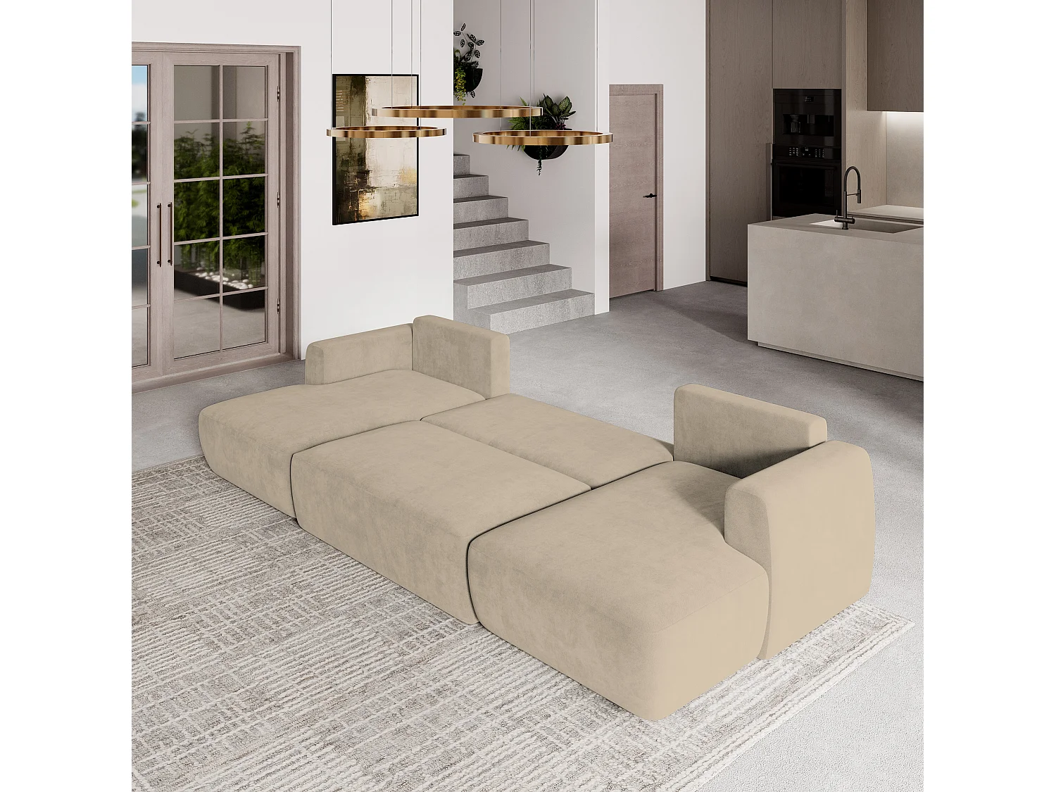 Canapé d'angle SENTUM Beige en peluche avec fonction de couchage
