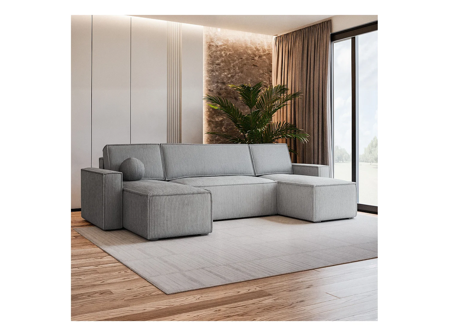 Canapé d'angle PESANO Gris clair en velours côtelé avec fonction de couchage