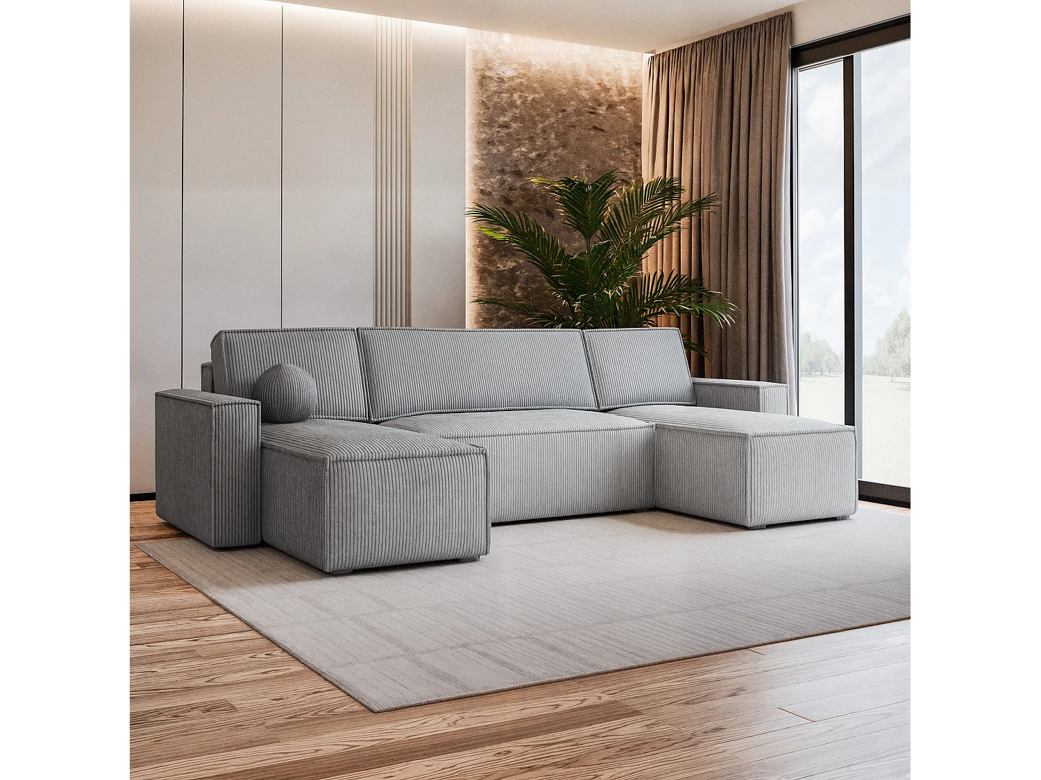 Canapé d'angle PESANO Gris clair en velours côtelé avec fonction de couchage