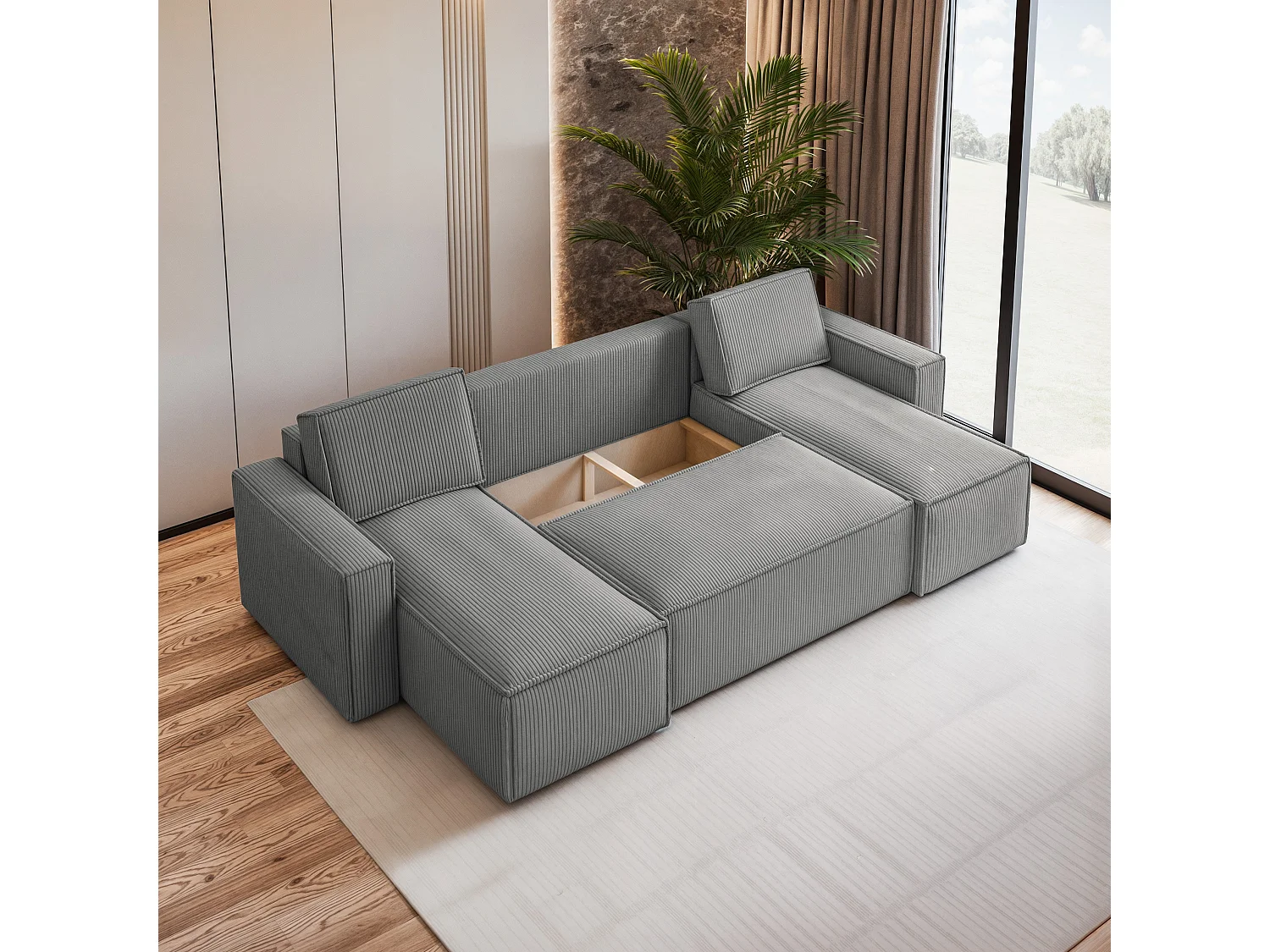 Canapé d'angle PESANO Gris clair en velours côtelé avec fonction de couchage