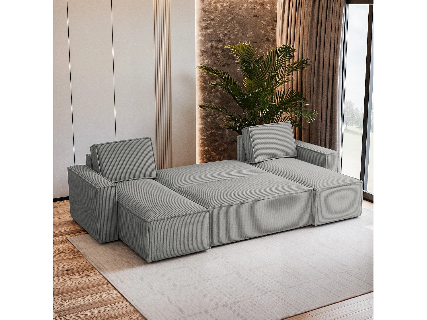 Canapé d'angle PESANO Gris clair en velours côtelé avec fonction de couchage