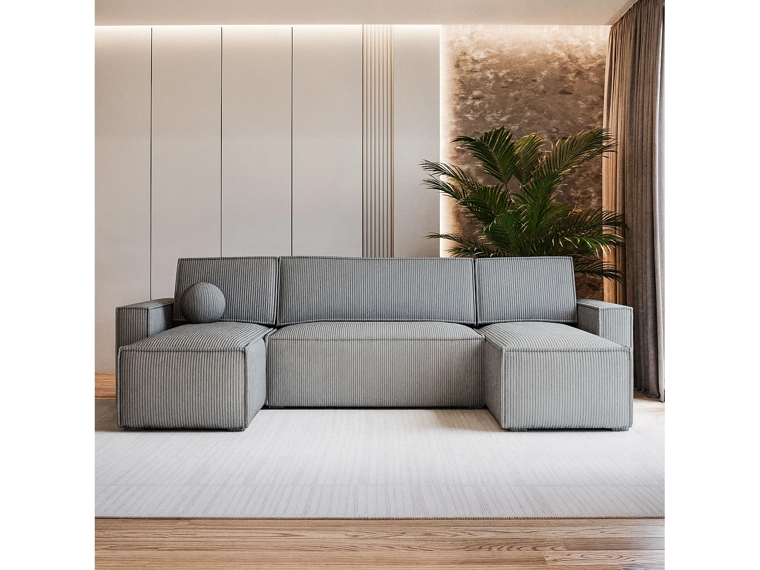 Canapé d'angle PESANO Gris clair en velours côtelé avec fonction de couchage