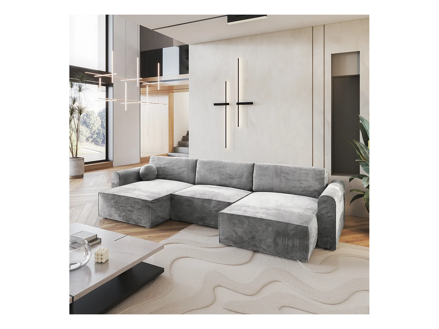 Canapé d'angle FENTO Gris clair en velours avec fonction de couchage