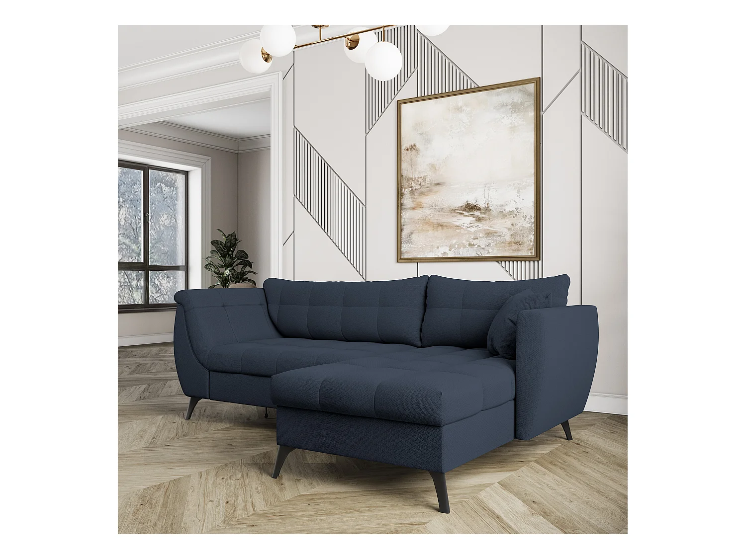 Canapé d'angle MOLLIS Bleu en tissu texturé avec fonction de couchage