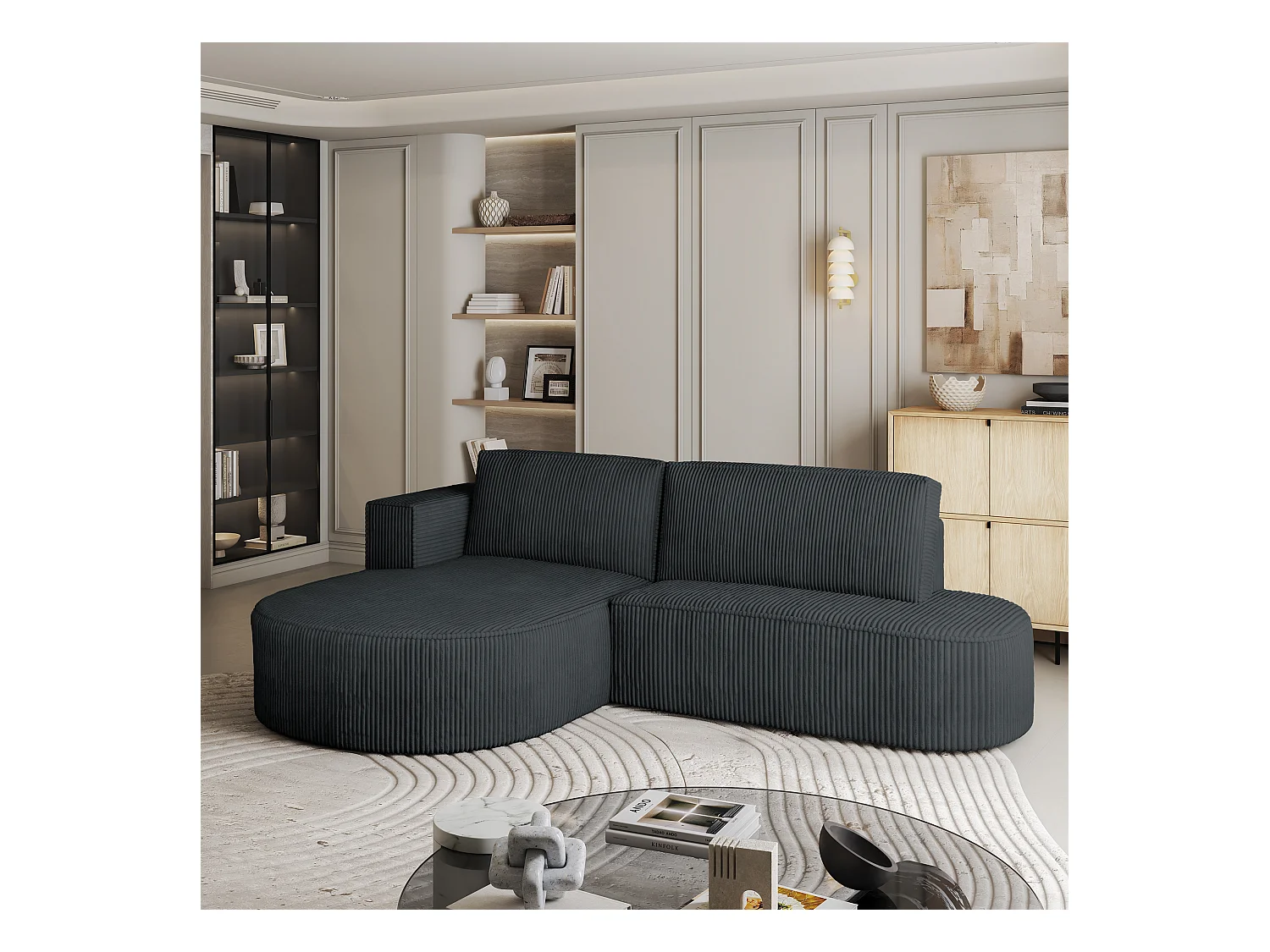 Canapé d'angle CORTIO Gris anthracite en velours côtelé avec fonction de couchage