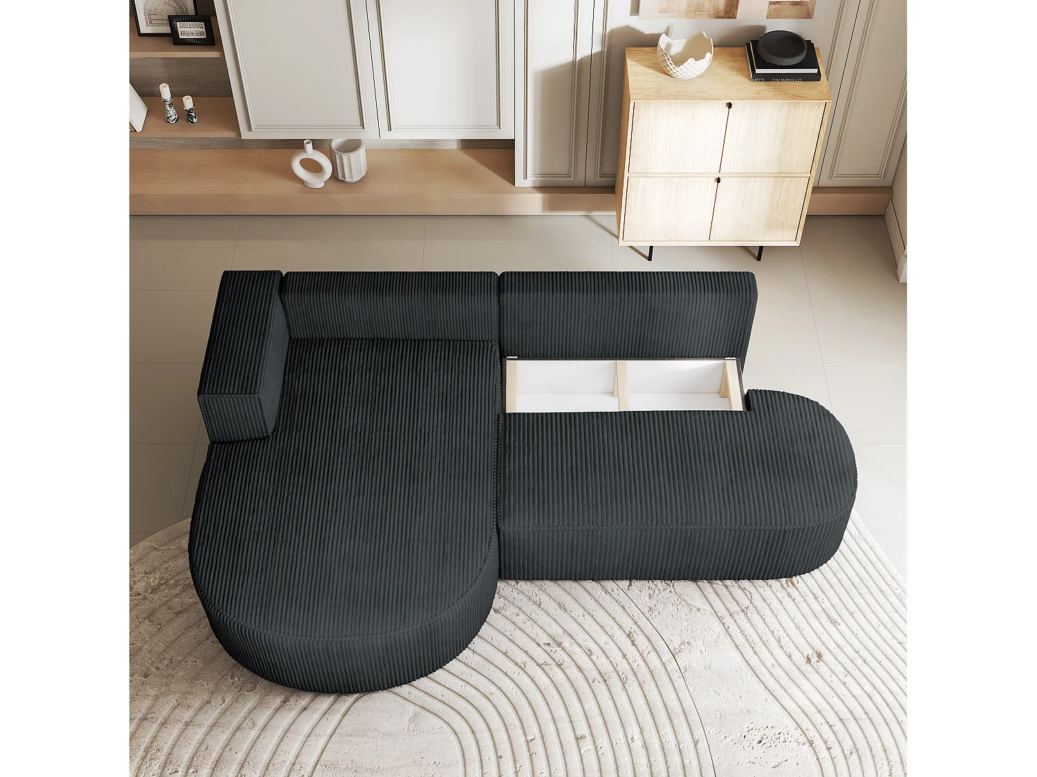 Canapé d'angle CORTIO Gris anthracite en velours côtelé avec fonction de couchage