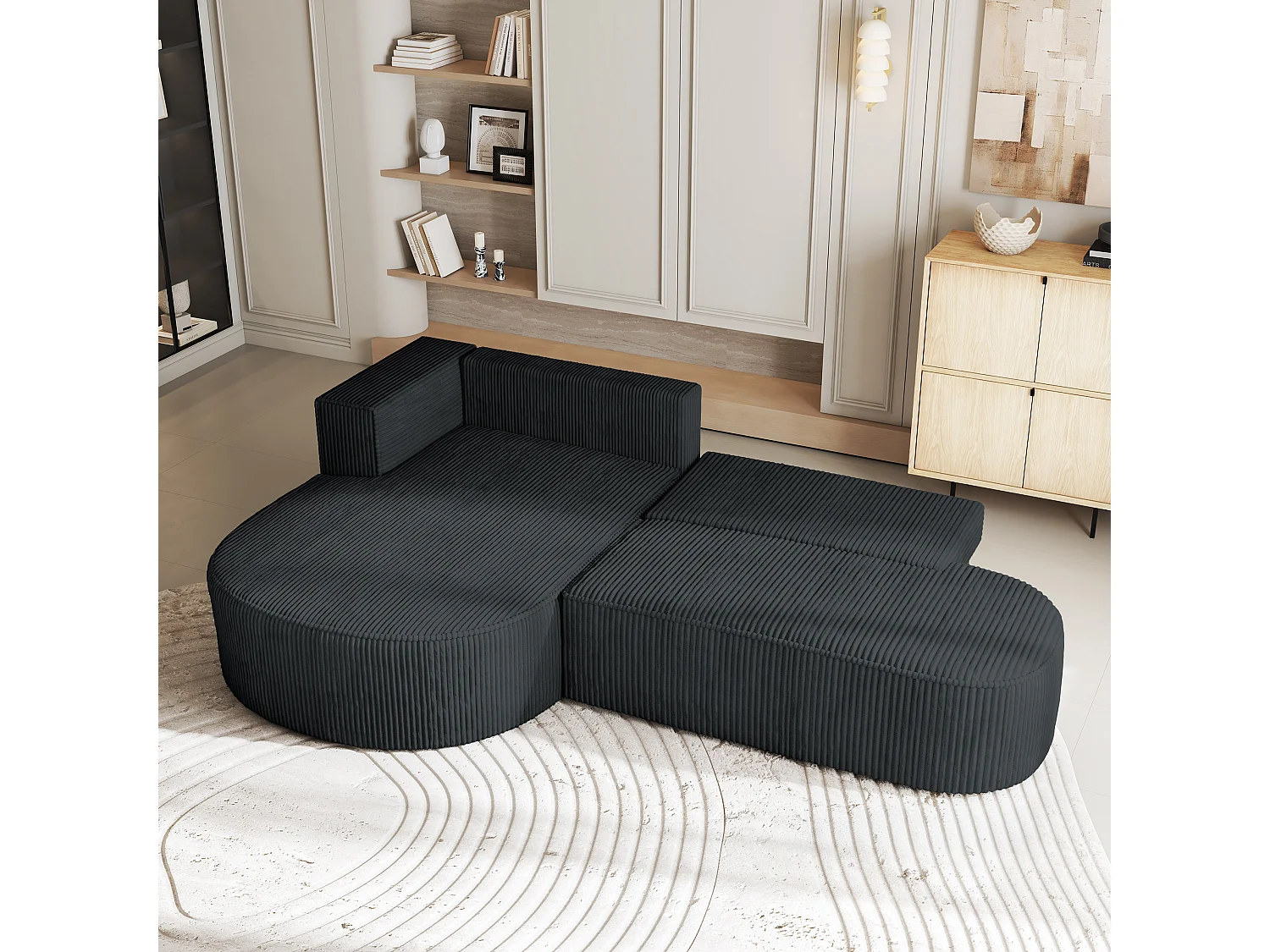 Canapé d'angle CORTIO Gris anthracite en velours côtelé avec fonction de couchage