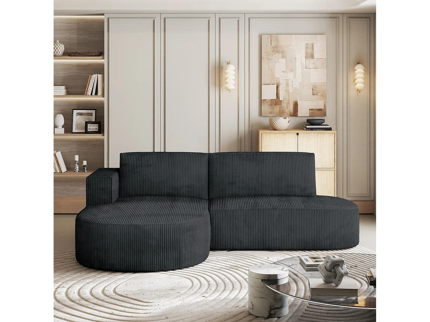 Canapé d'angle CORTIO Gris anthracite en velours côtelé avec fonction de couchage