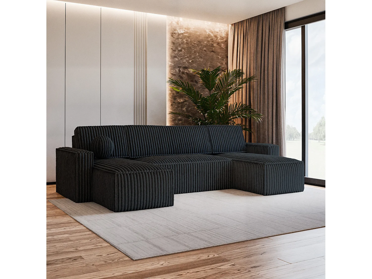 Canapé d'angle PESANO Noir en velours côtelé avec fonction de couchage