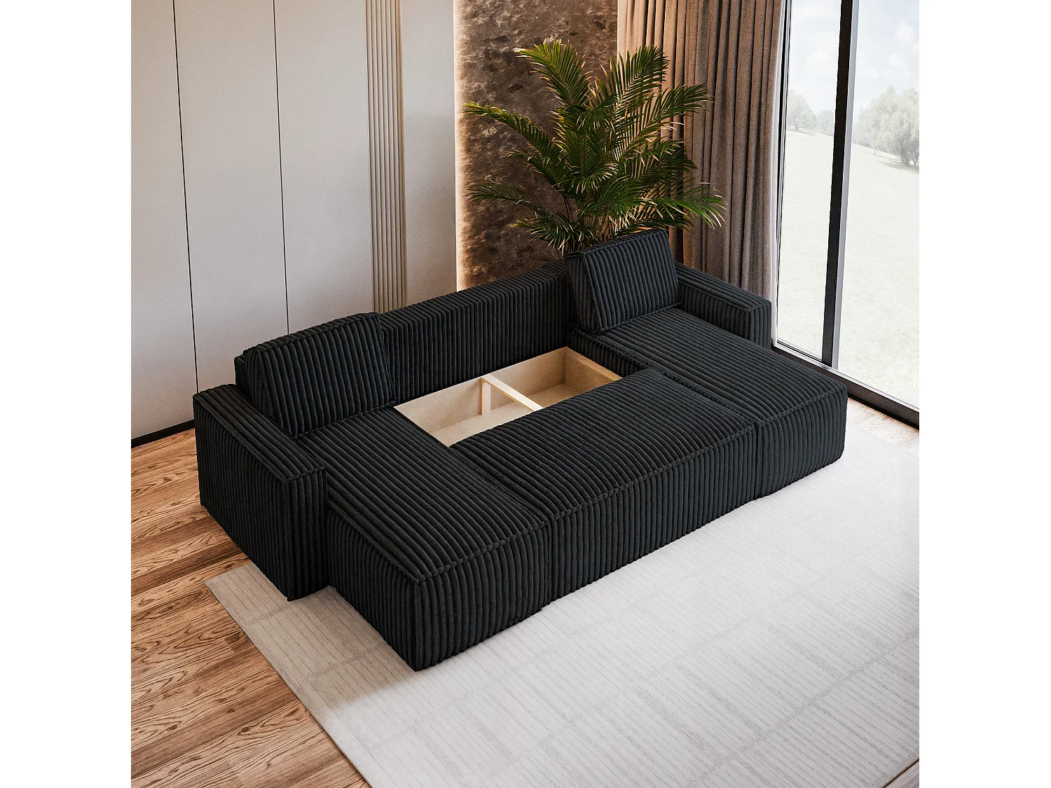 Canapé d'angle PESANO Noir en velours côtelé avec fonction de couchage