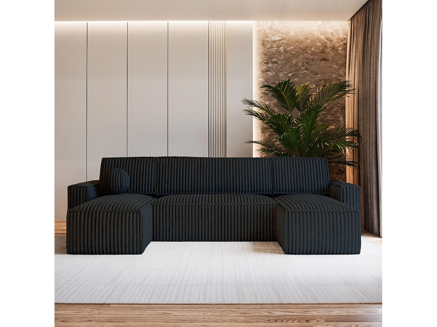 Canapé d'angle PESANO Noir en velours côtelé avec fonction de couchage