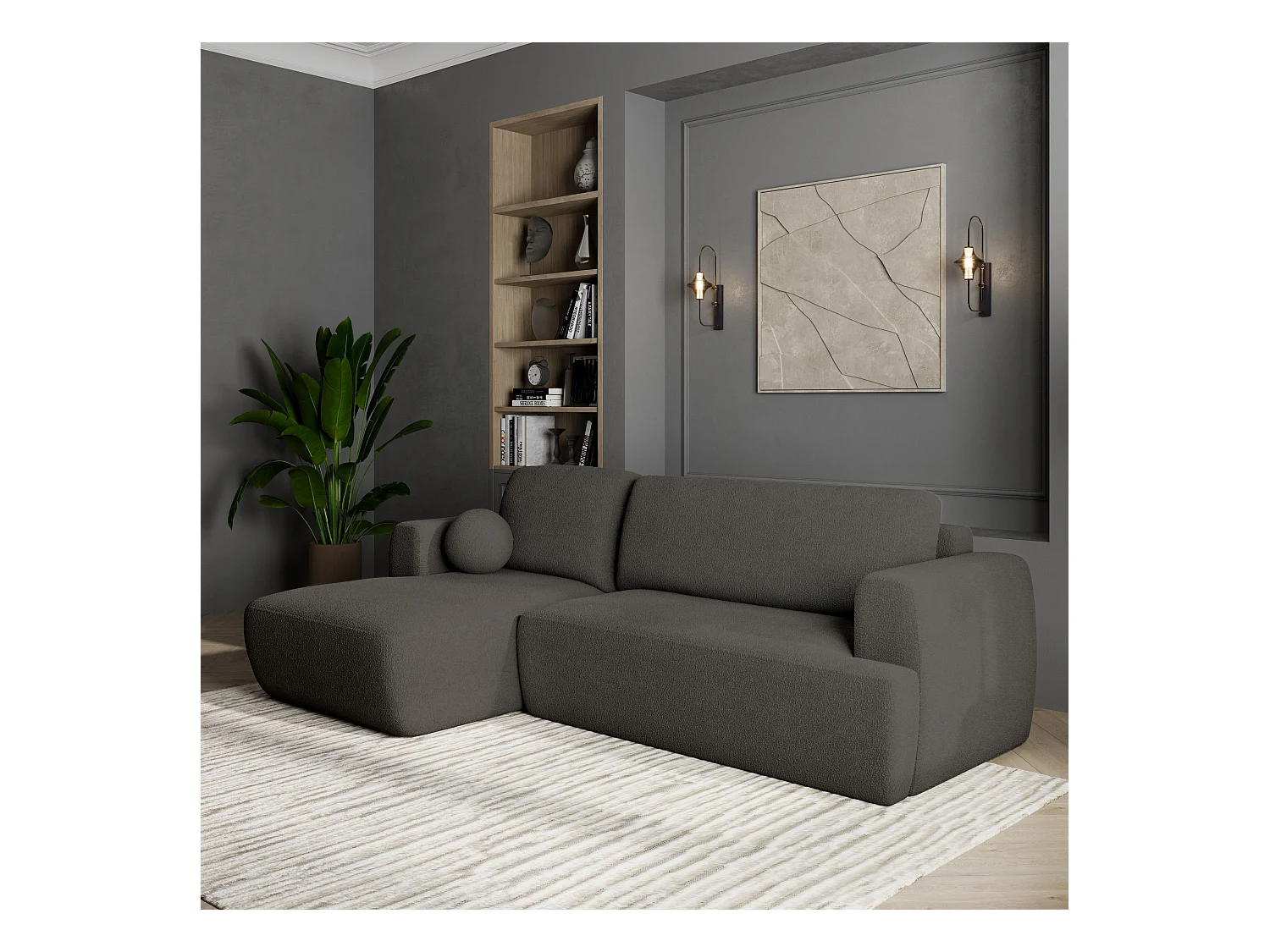 Canapé d'angle SENTI Gris en bouclé avec fonction de couchage