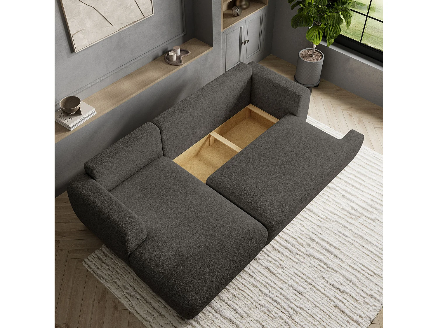 Canapé d'angle SENTI Gris en bouclé avec fonction de couchage