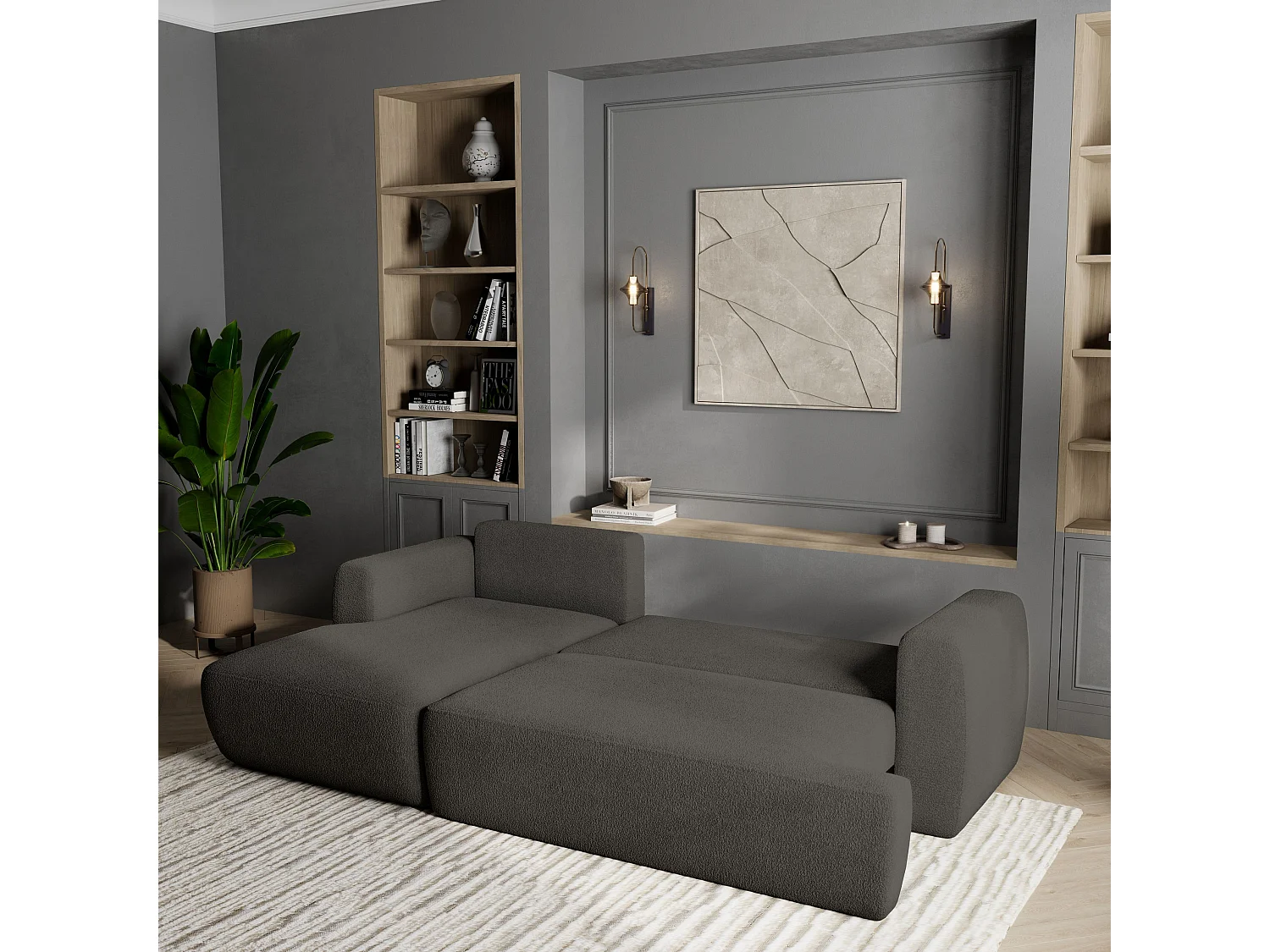 Canapé d'angle SENTI Gris en bouclé avec fonction de couchage