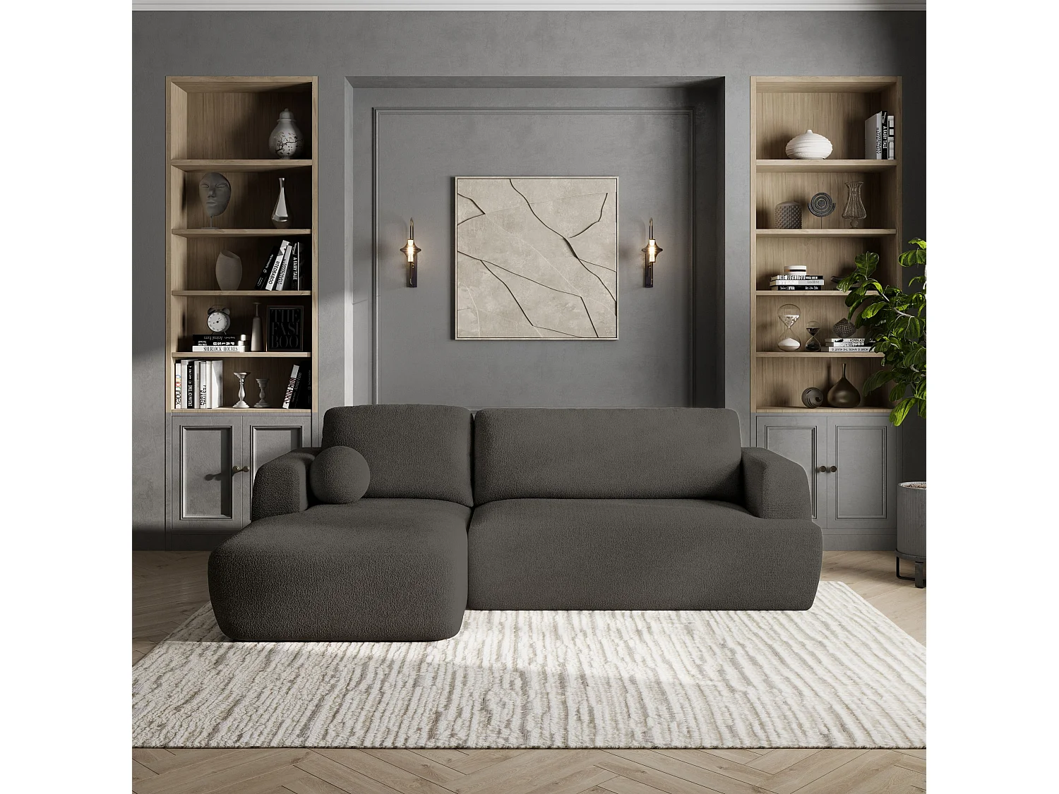 Canapé d'angle SENTI Gris en bouclé avec fonction de couchage