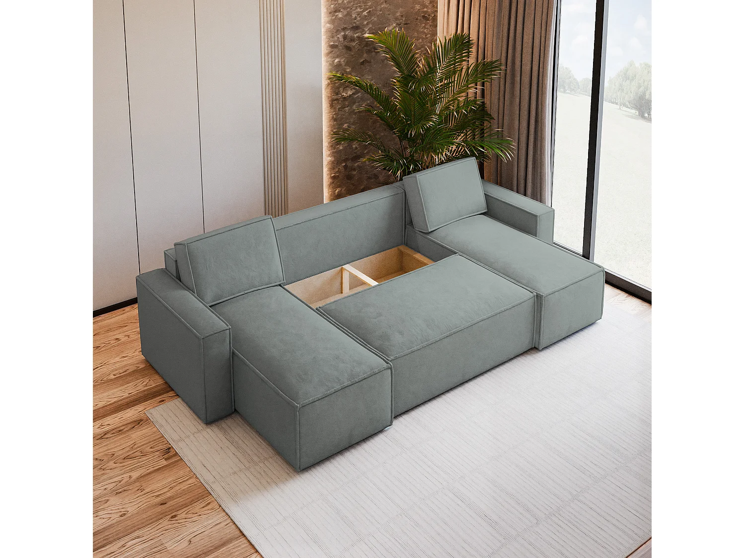 Canapé d'angle PESANO Gris en velours avec fonction de couchage