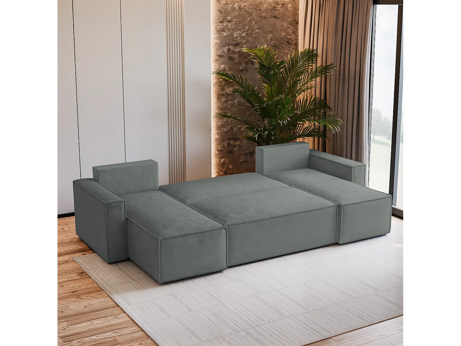 Canapé d'angle PESANO Gris en velours avec fonction de couchage