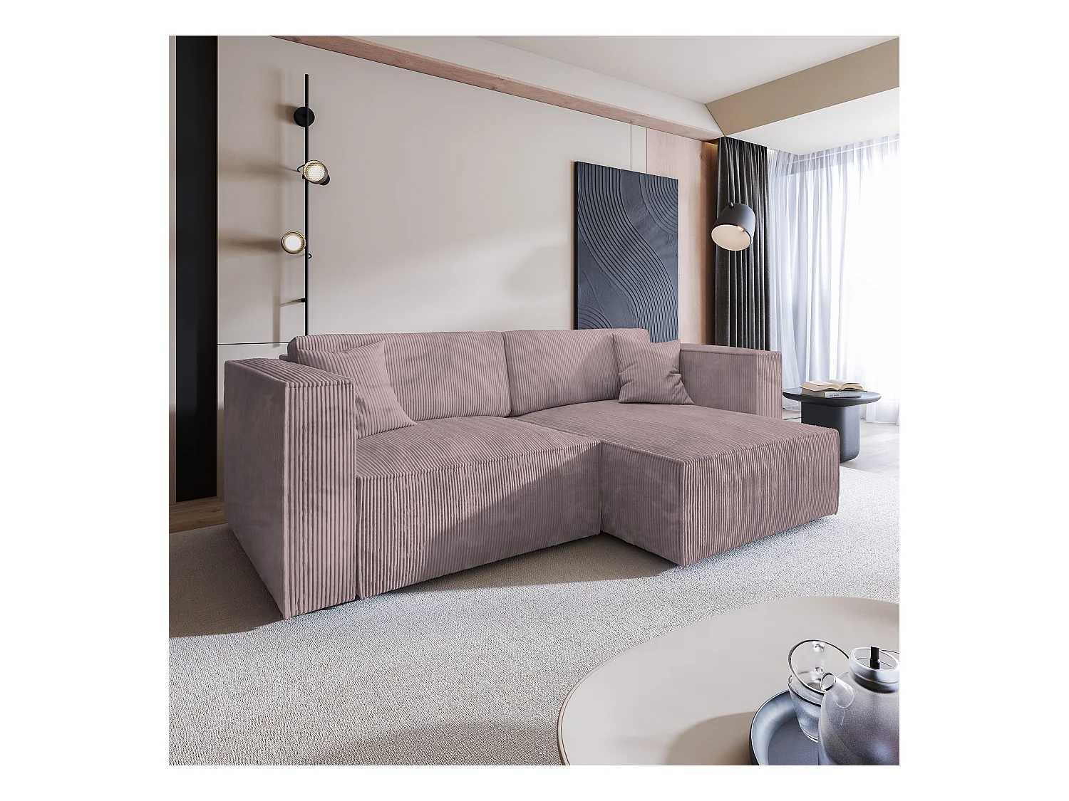 Canapé d'angle NERIO Parme en velours côtelé avec fonction de couchage