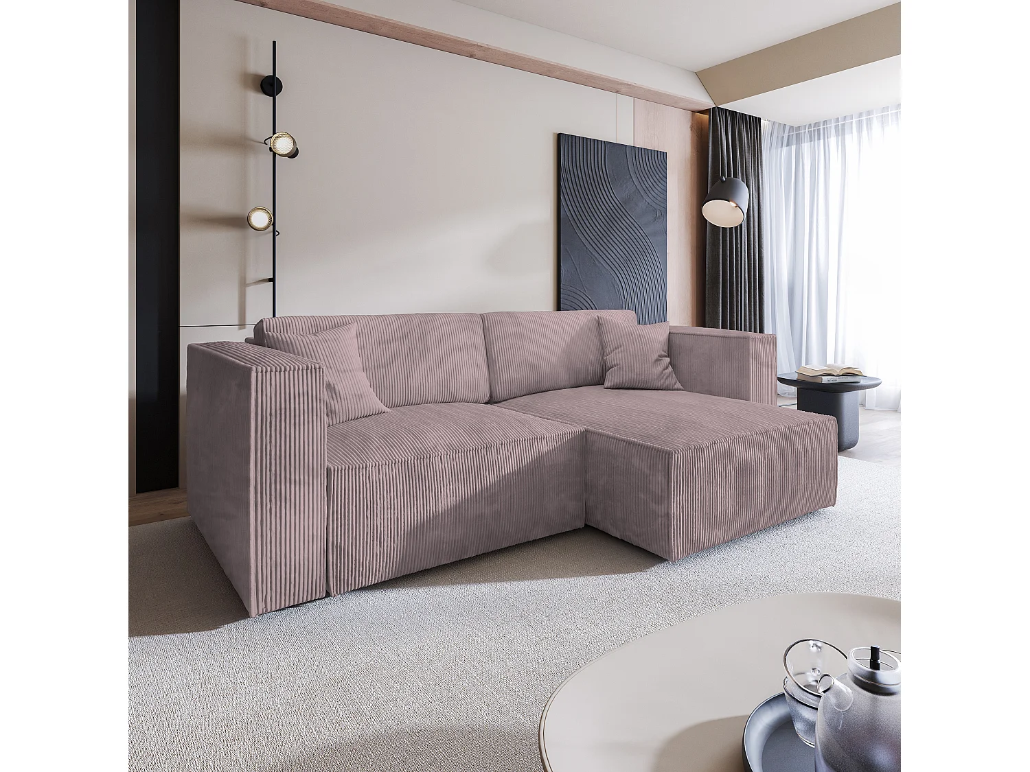 Canapé d'angle NERIO Parme en velours côtelé avec fonction de couchage