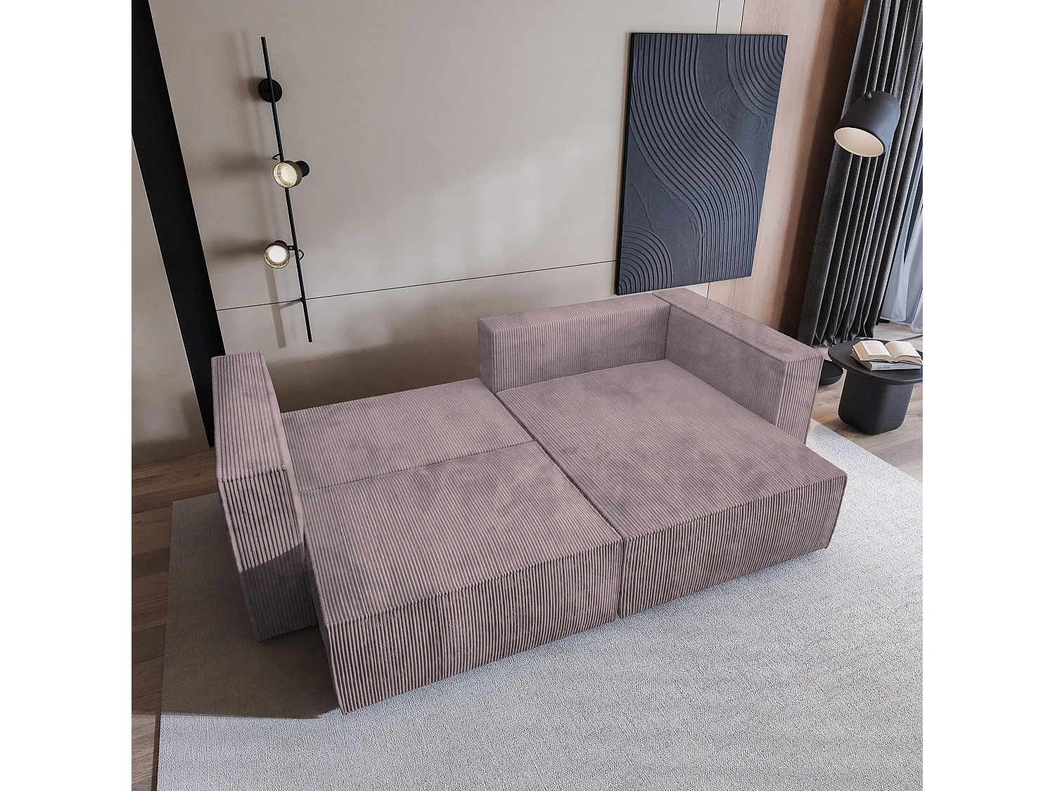 Canapé d'angle NERIO Parme en velours côtelé avec fonction de couchage