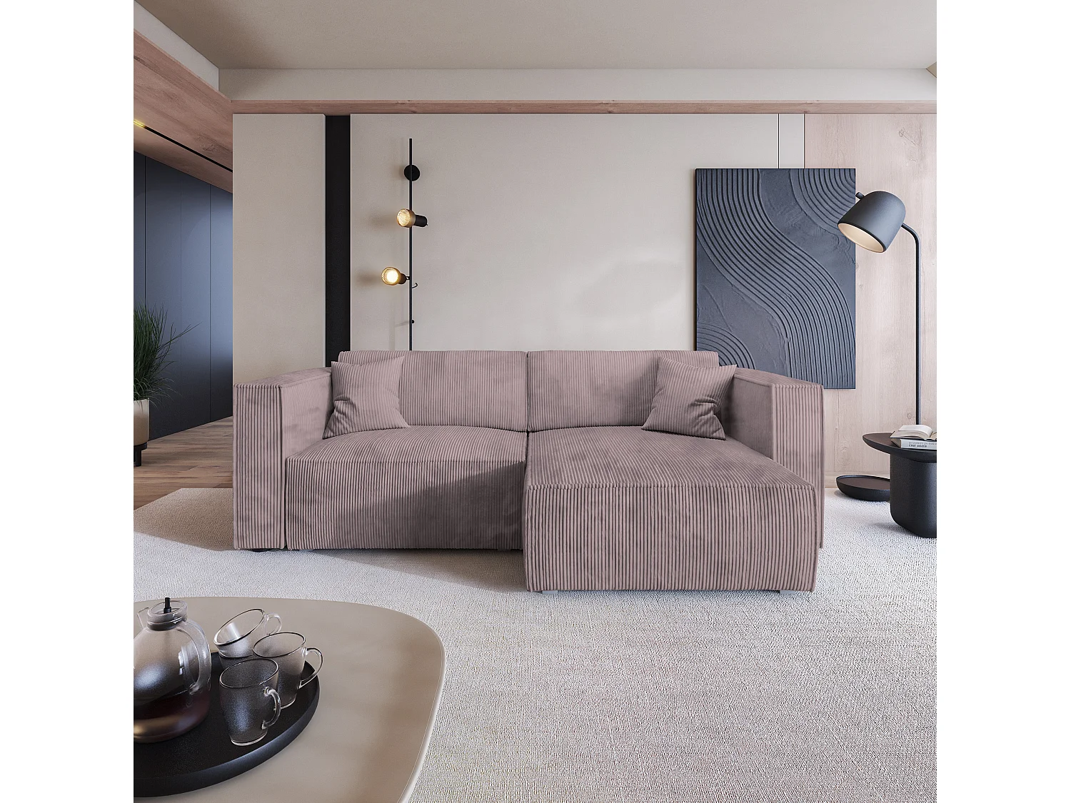 Canapé d'angle NERIO Parme en velours côtelé avec fonction de couchage