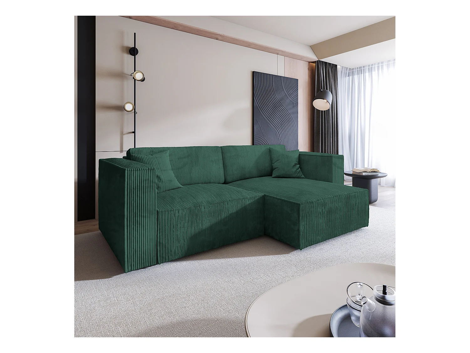 Canapé d'angle NERIO Vert Sapin en velours côtelé avec fonction de couchage