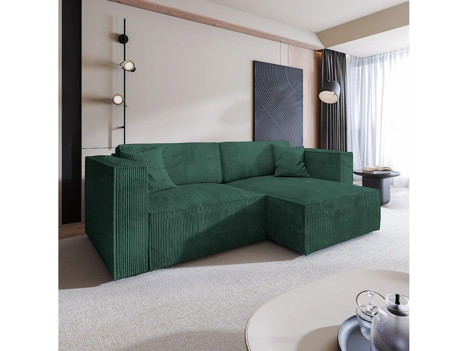 Canapé d'angle NERIO Vert Sapin en velours côtelé avec fonction de couchage