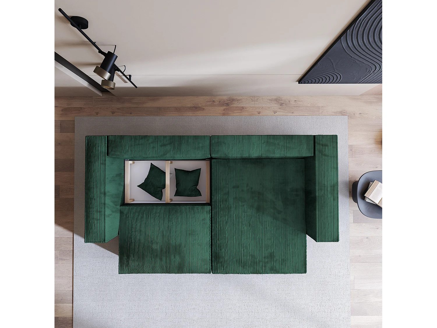 Canapé d'angle NERIO Vert Sapin en velours côtelé avec fonction de couchage