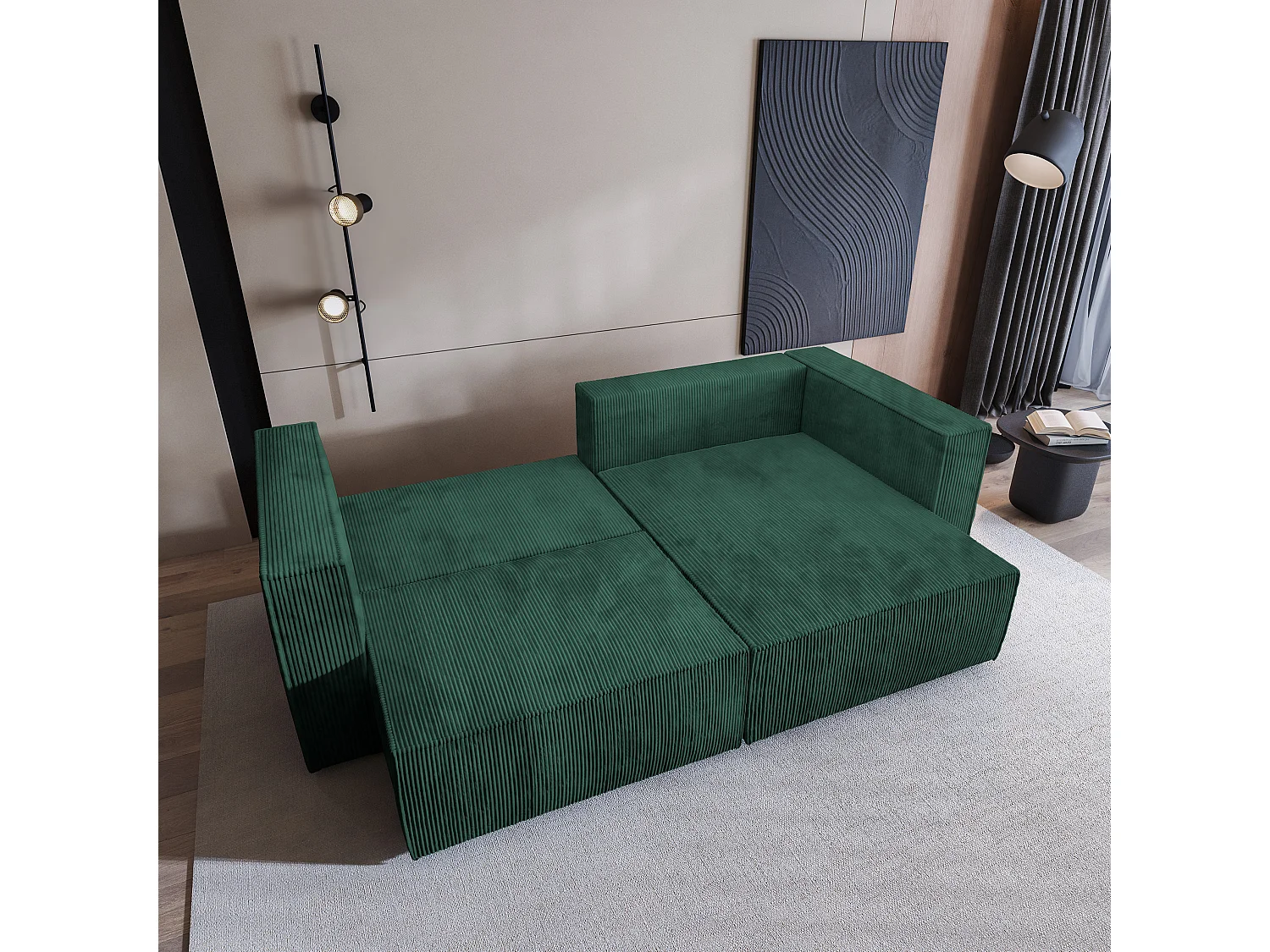 Canapé d'angle NERIO Vert Sapin en velours côtelé avec fonction de couchage