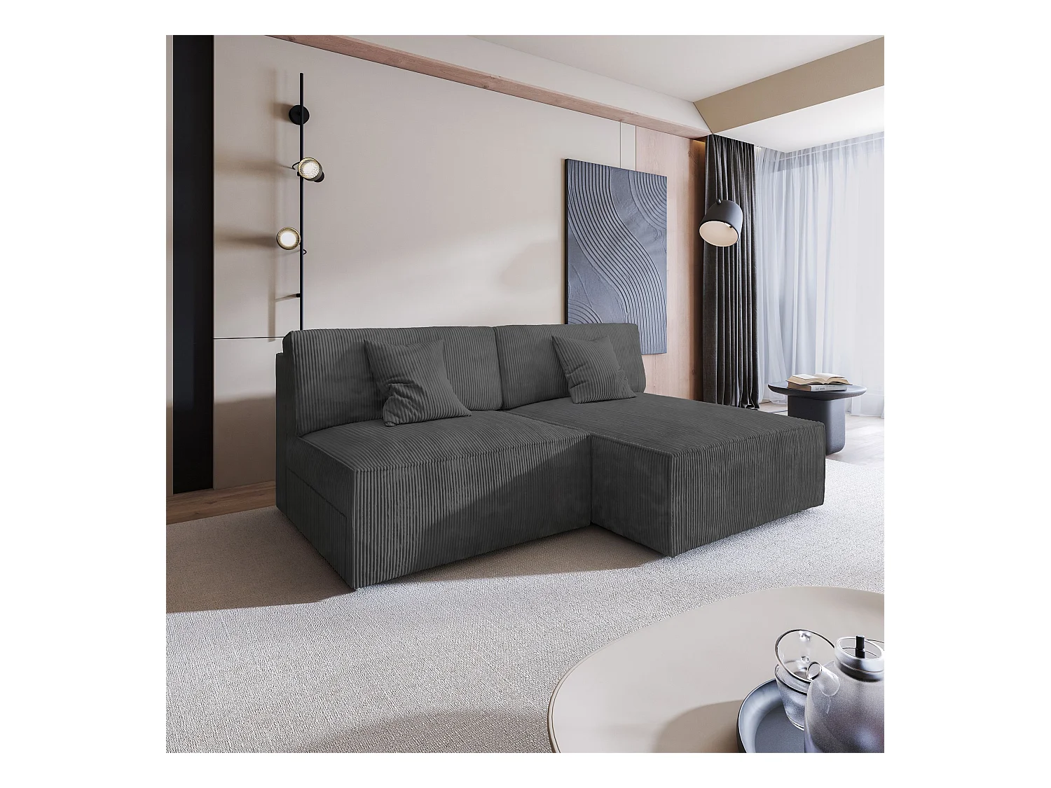 Canapé d'angle FIORO Gris anthracite en velours côtelé avec fonction de couchage