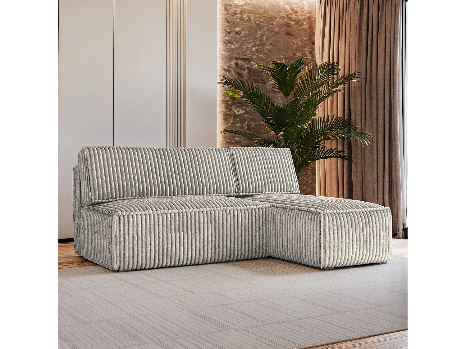 Canapé d'angle BRISO Gris clair en velours côtelé avec fonction de couchage