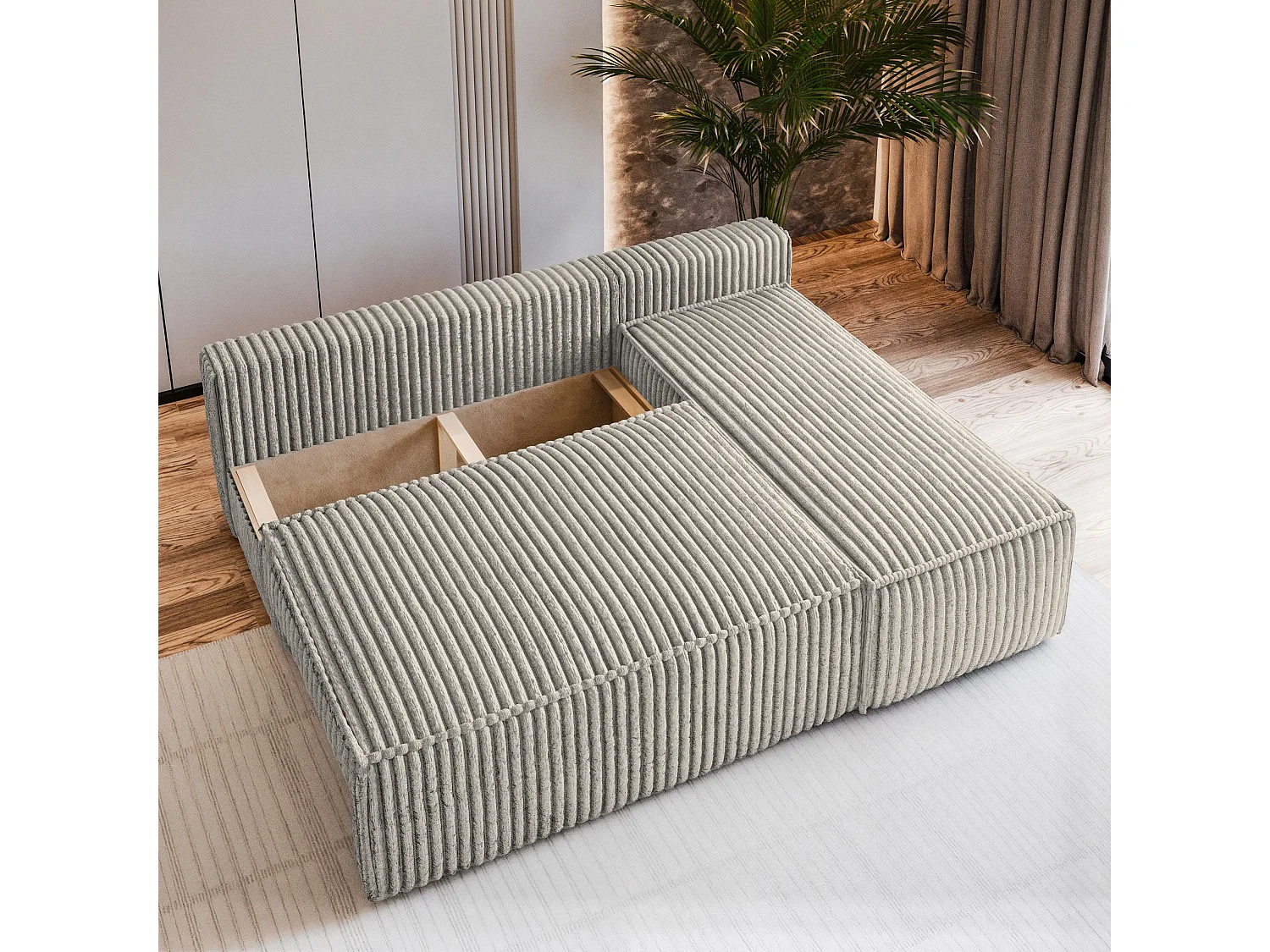 Canapé d'angle BRISO Gris clair en velours côtelé avec fonction de couchage