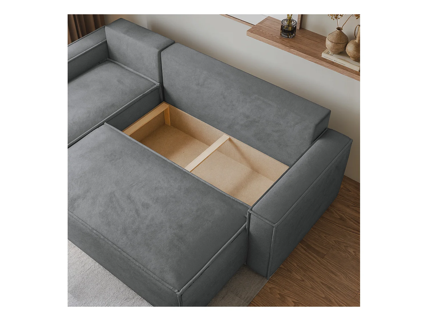 Canapé d'angle RAVELO Marron en velours avec fonction de couchage