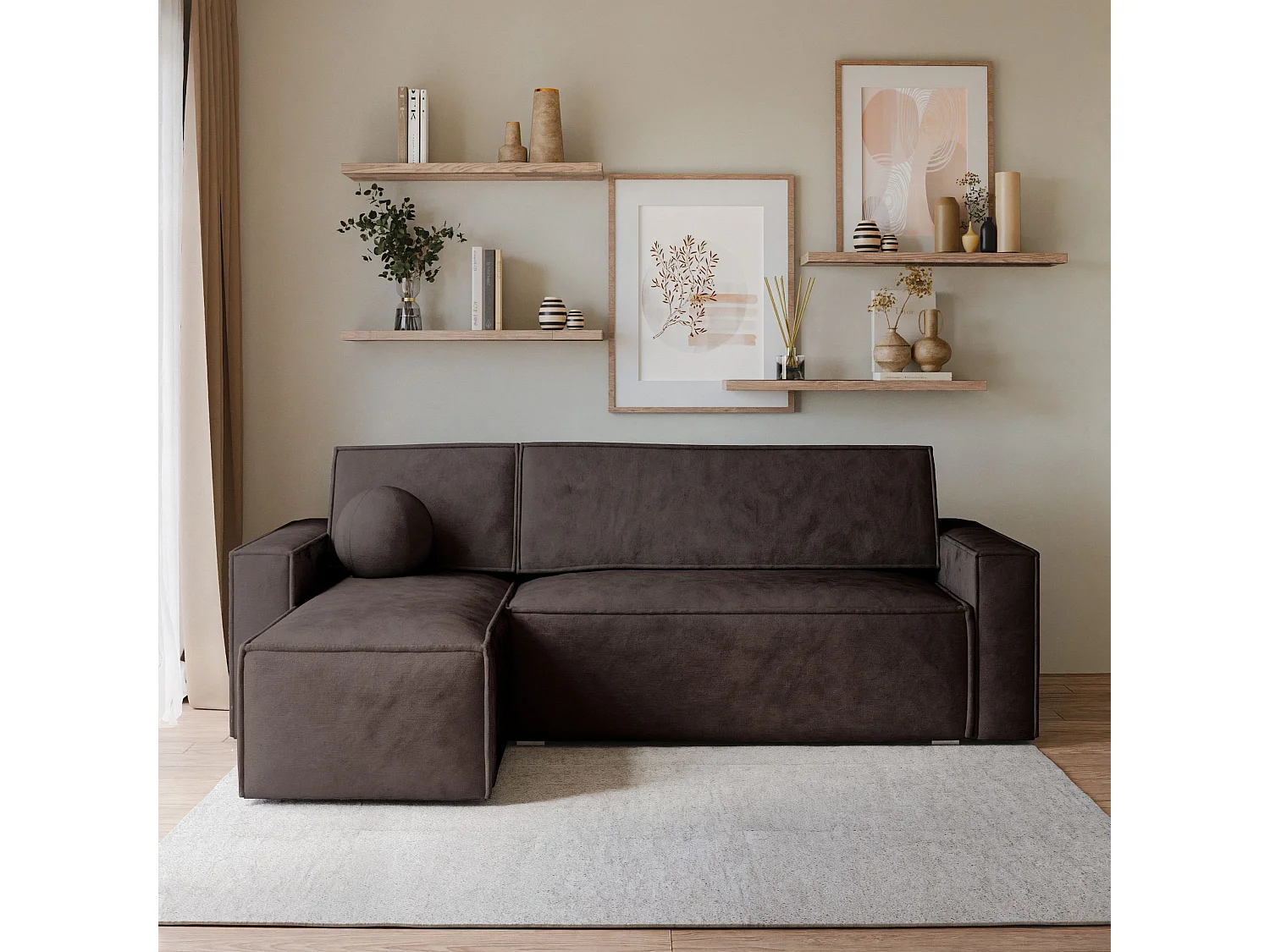 Canapé d'angle RAVELO Marron en velours avec fonction de couchage