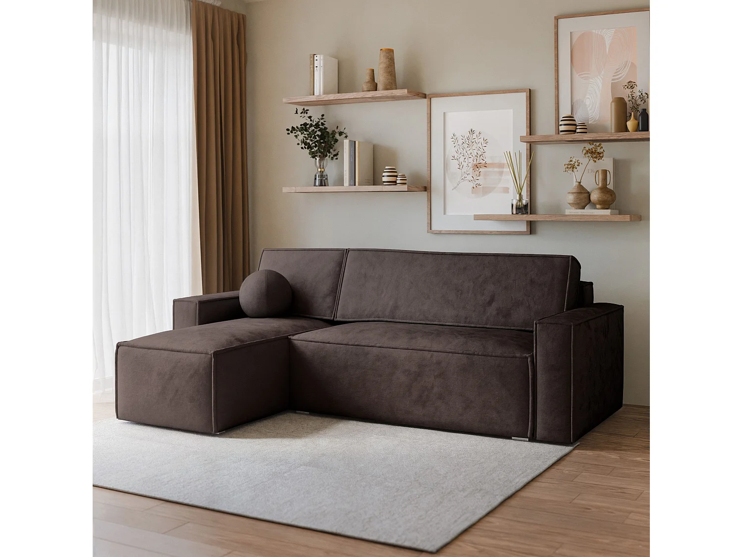 Canapé d'angle RAVELO Marron en velours avec fonction de couchage