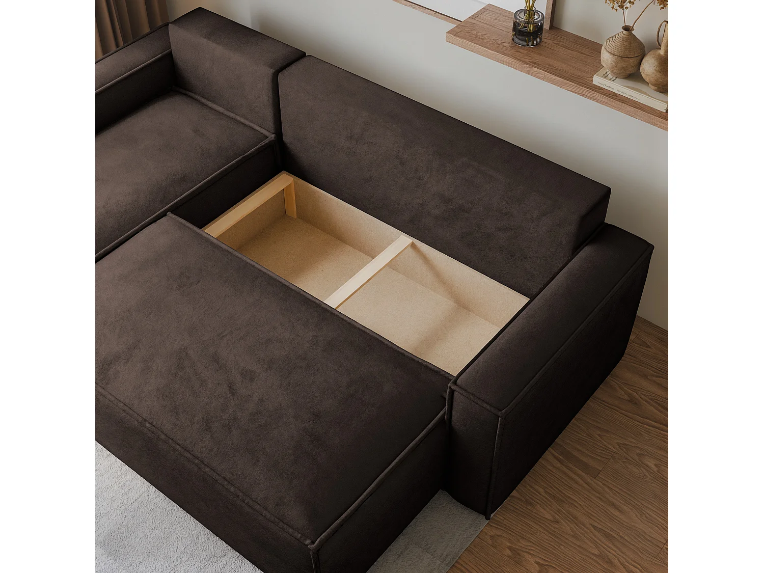 Canapé d'angle RAVELO Marron en velours avec fonction de couchage