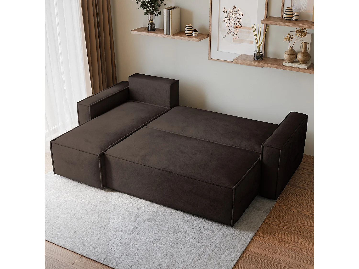 Canapé d'angle RAVELO Marron en velours avec fonction de couchage