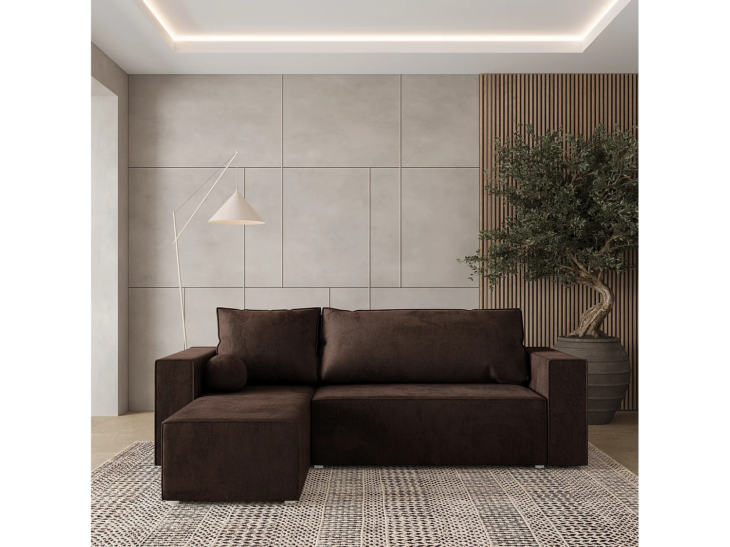 Canapé d'angle RAVELO Marron en velours avec fonction de couchage