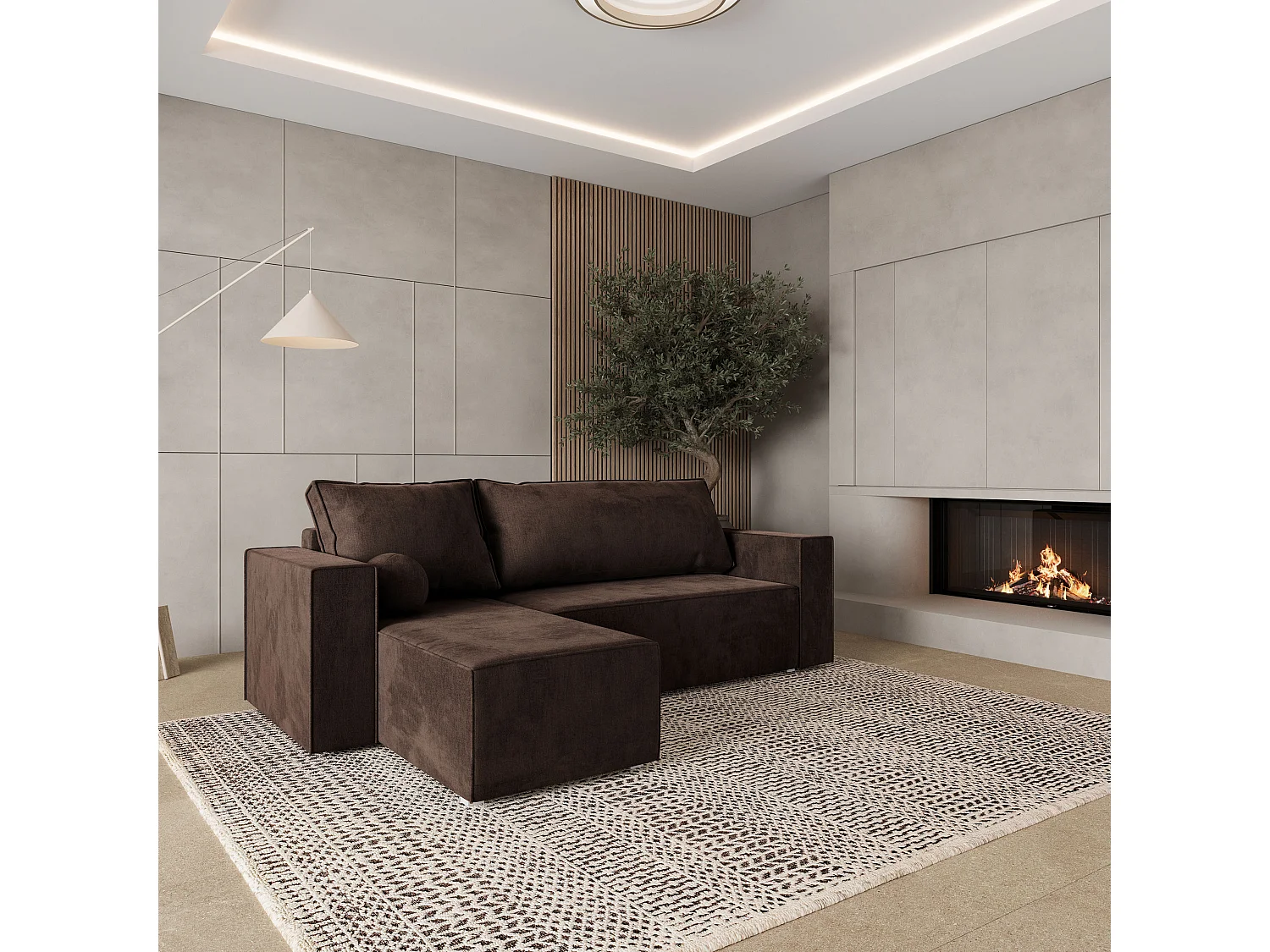 Canapé d'angle RAVELO Marron en velours avec fonction de couchage