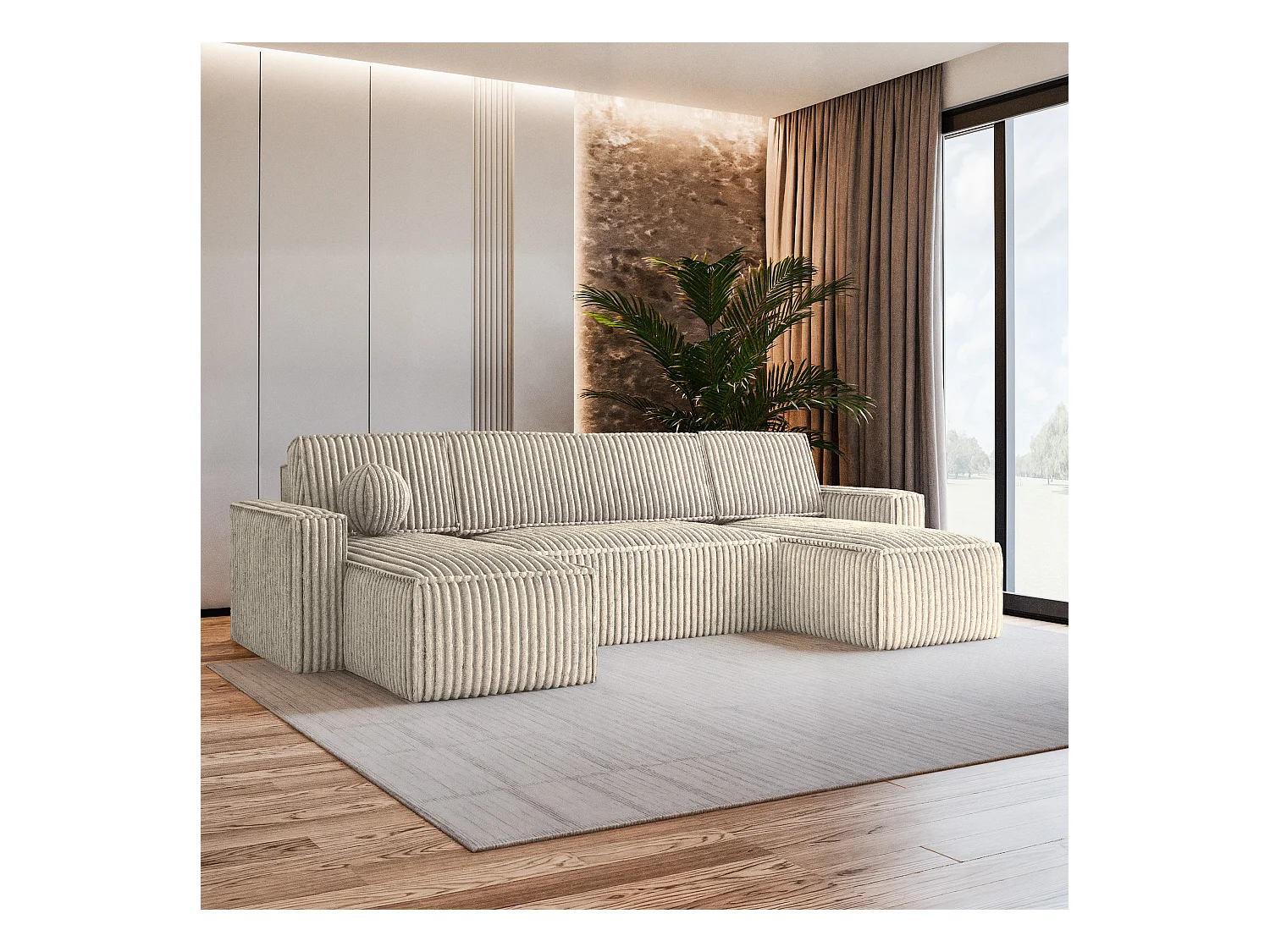 Canapé d'angle PESANO Crème en velours côtelé avec fonction de couchage