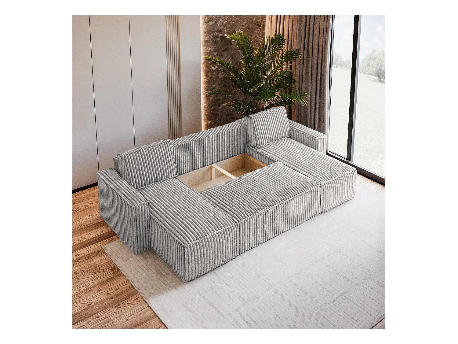 Canapé d'angle PESANO Crème en velours côtelé avec fonction de couchage