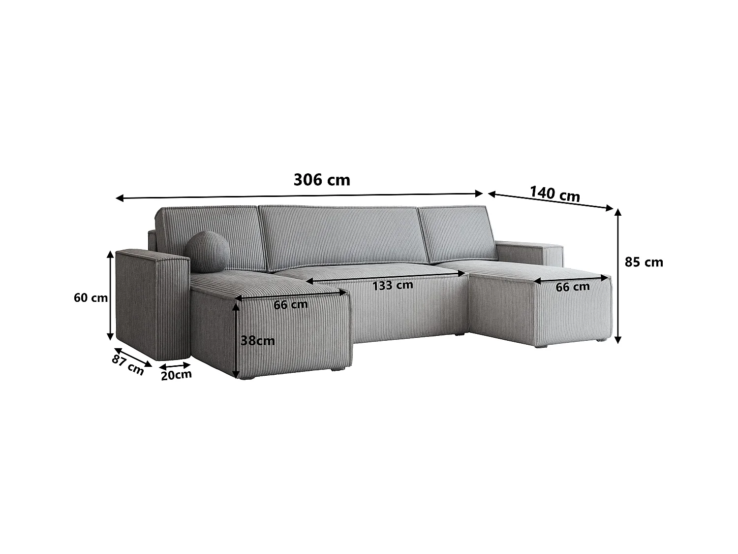 Canapé d'angle PESANO Crème en velours côtelé avec fonction de couchage