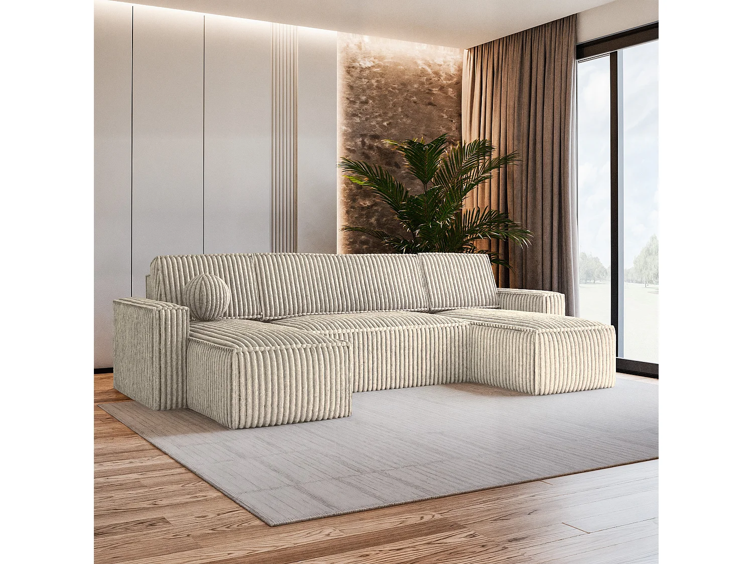 Canapé d'angle PESANO Crème en velours côtelé avec fonction de couchage