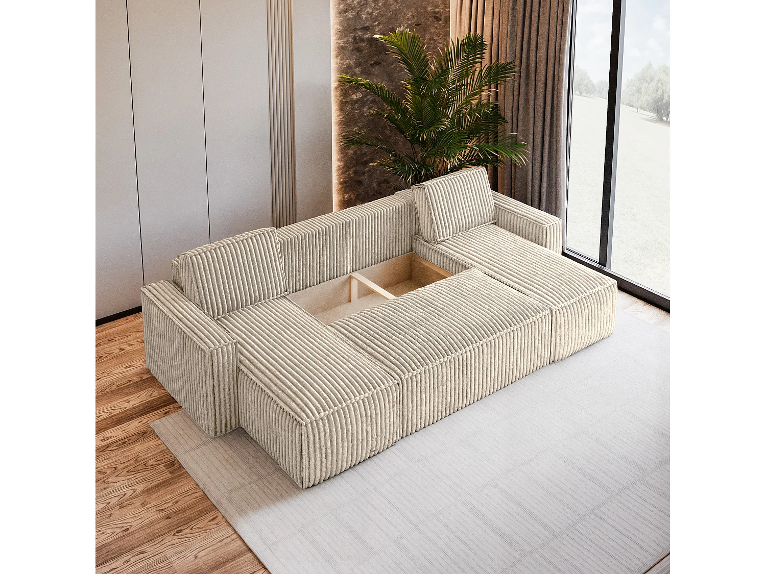 Canapé d'angle PESANO Crème en velours côtelé avec fonction de couchage