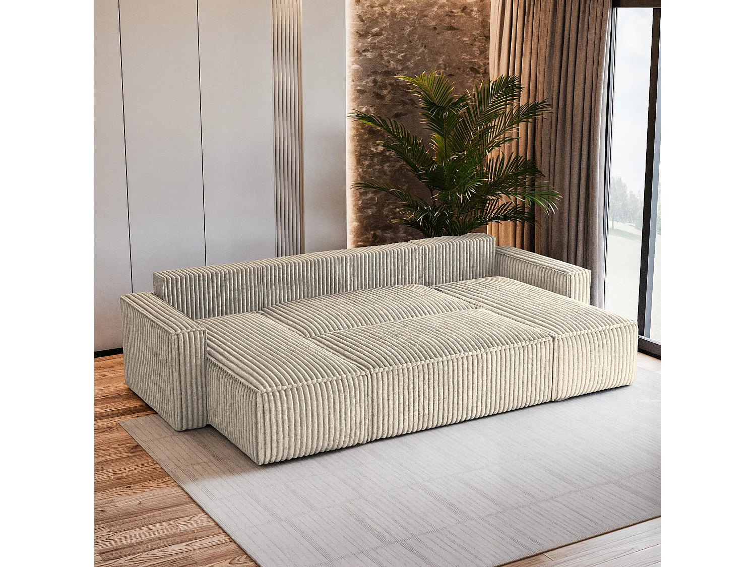 Canapé d'angle PESANO Crème en velours côtelé avec fonction de couchage