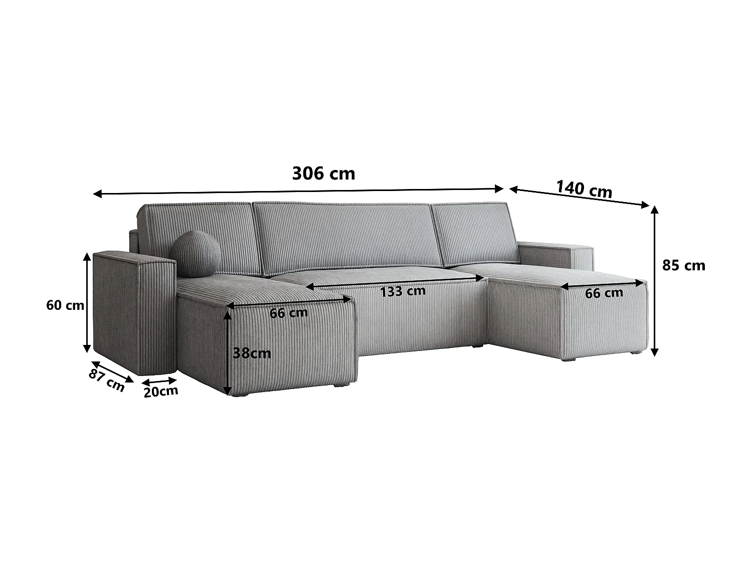 Canapé d'angle PESANO Crème en velours côtelé avec fonction de couchage