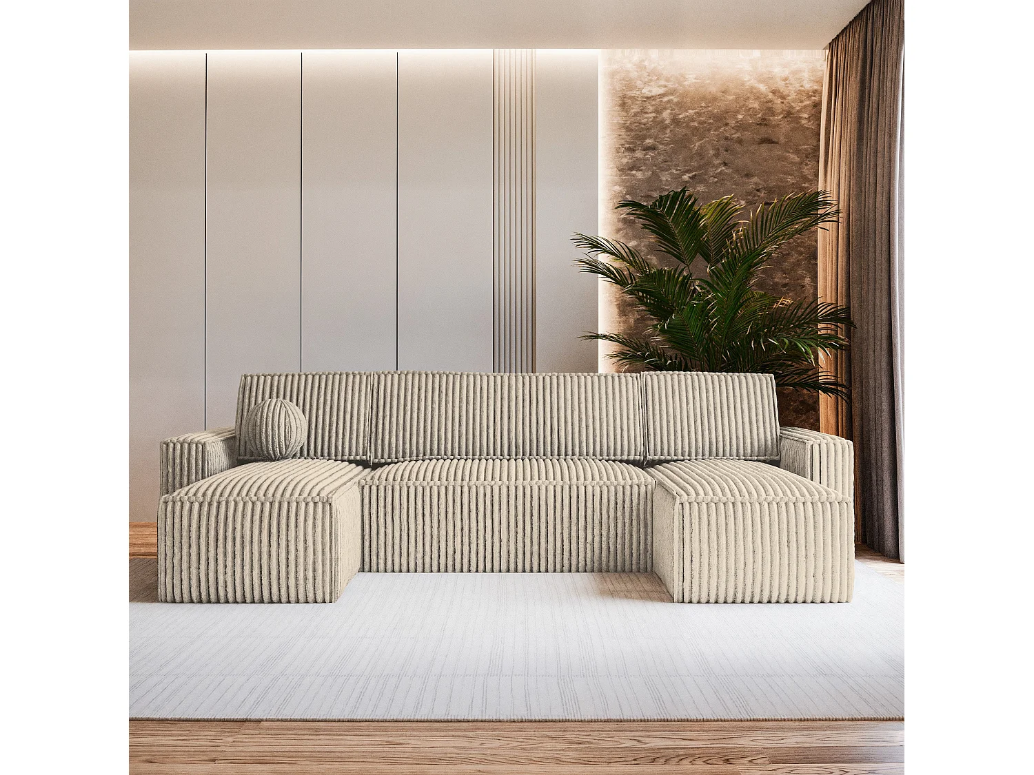 Canapé d'angle PESANO Crème en velours côtelé avec fonction de couchage